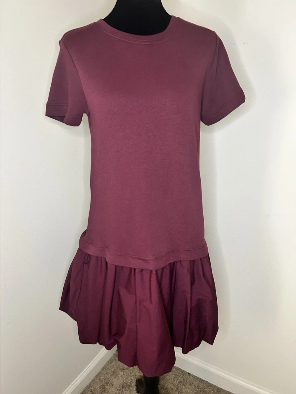 Casual Drop-Waist Puff Skirt Dress in Berry